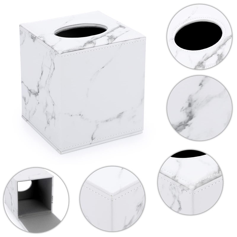 Sumnacon Square Leather Tissue Box Cover - Stylish Cube Tissue Box Holder with Magnetic Bottom, Decorative PU Tissue Box for Vanity Dresser Night Stand Table Countertop Home Office Car, Marble White - Image 4